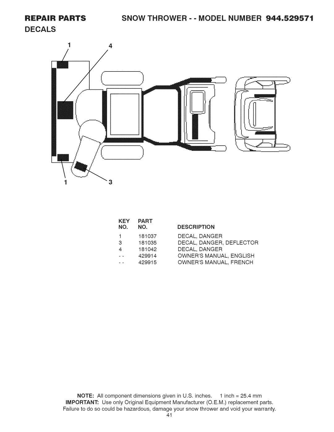 Sears 944.529571 owner manual Decals, KEY Part 