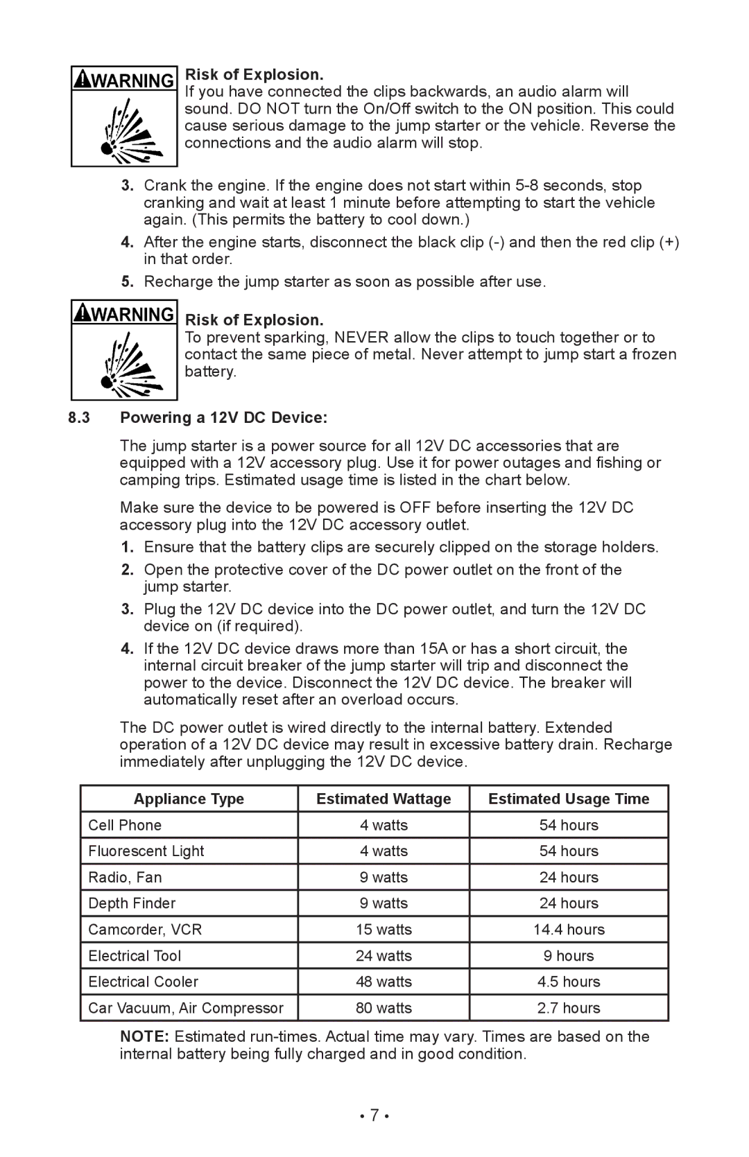 Sears 950 Risk of Explosion, Powering a 12V DC Device, Appliance Type Estimated Wattage Estimated Usage Time 