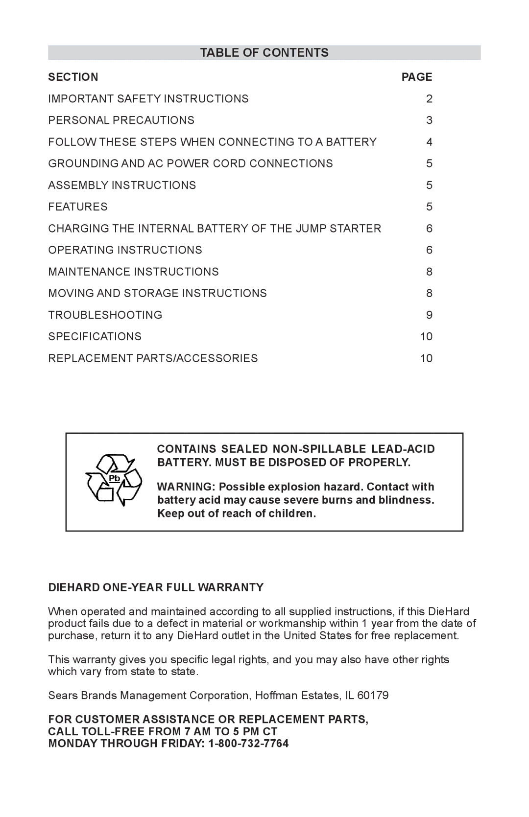 Sears 950 operating instructions Table of Contents 