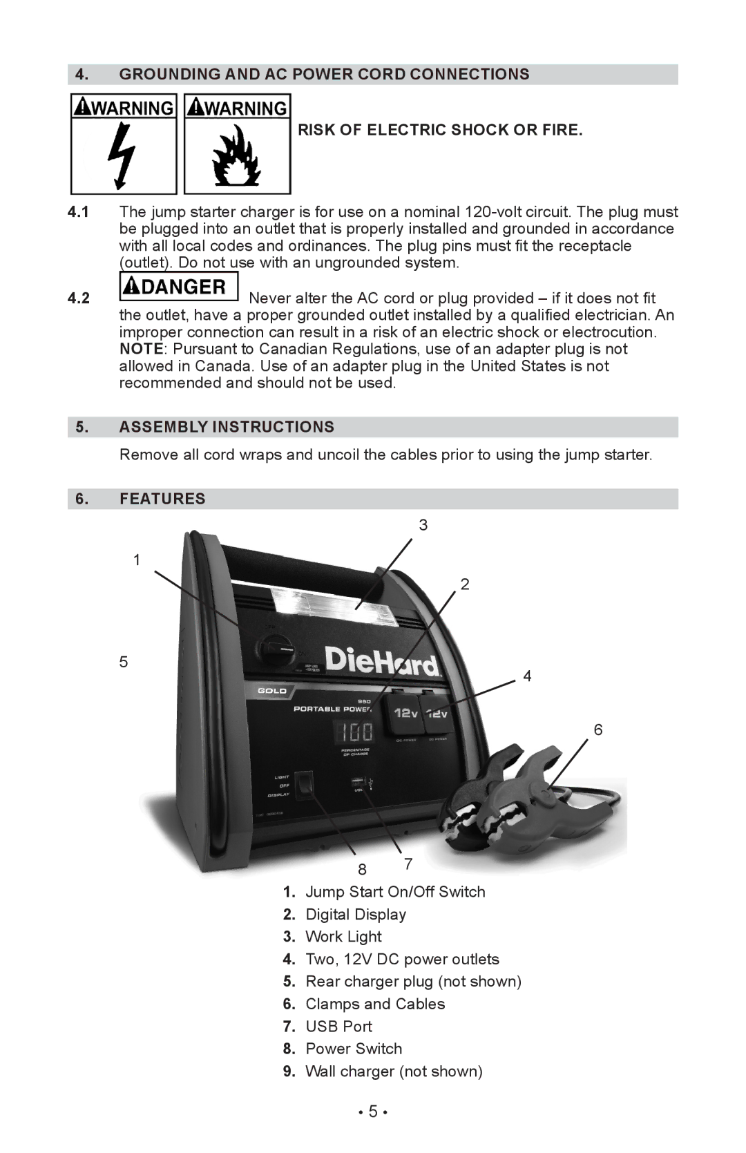 Sears 950 operating instructions Grounding and AC power cord connections, Assembly Instructions, Features 