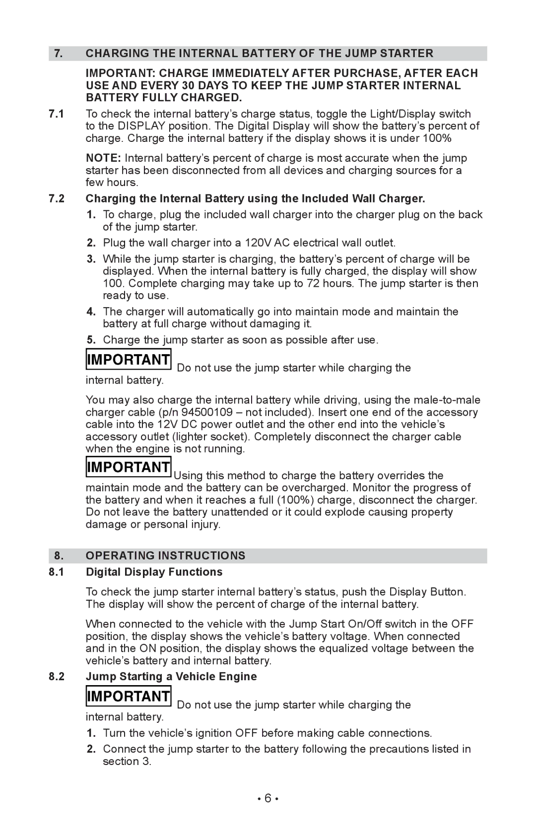 Sears 950 operating instructions Operating Instructions, Digital Display Functions, Jump Starting a Vehicle Engine 