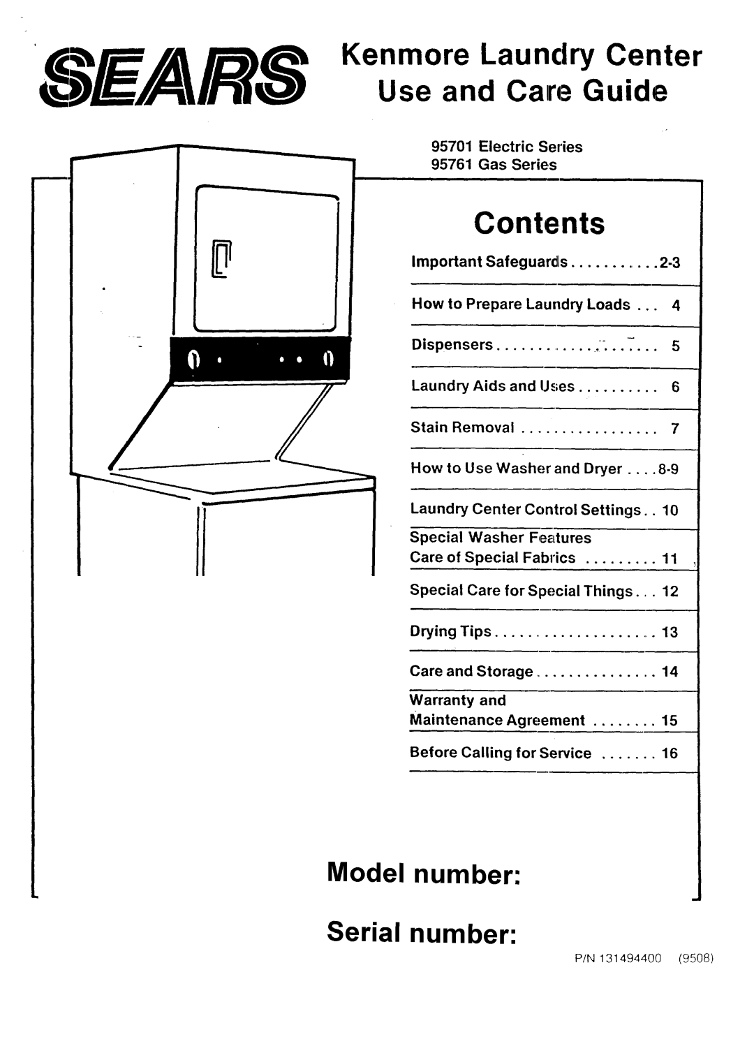 Sears 95701, 95761 warranty EA/RS Kenmore Laundry Center Use and Care Guide 