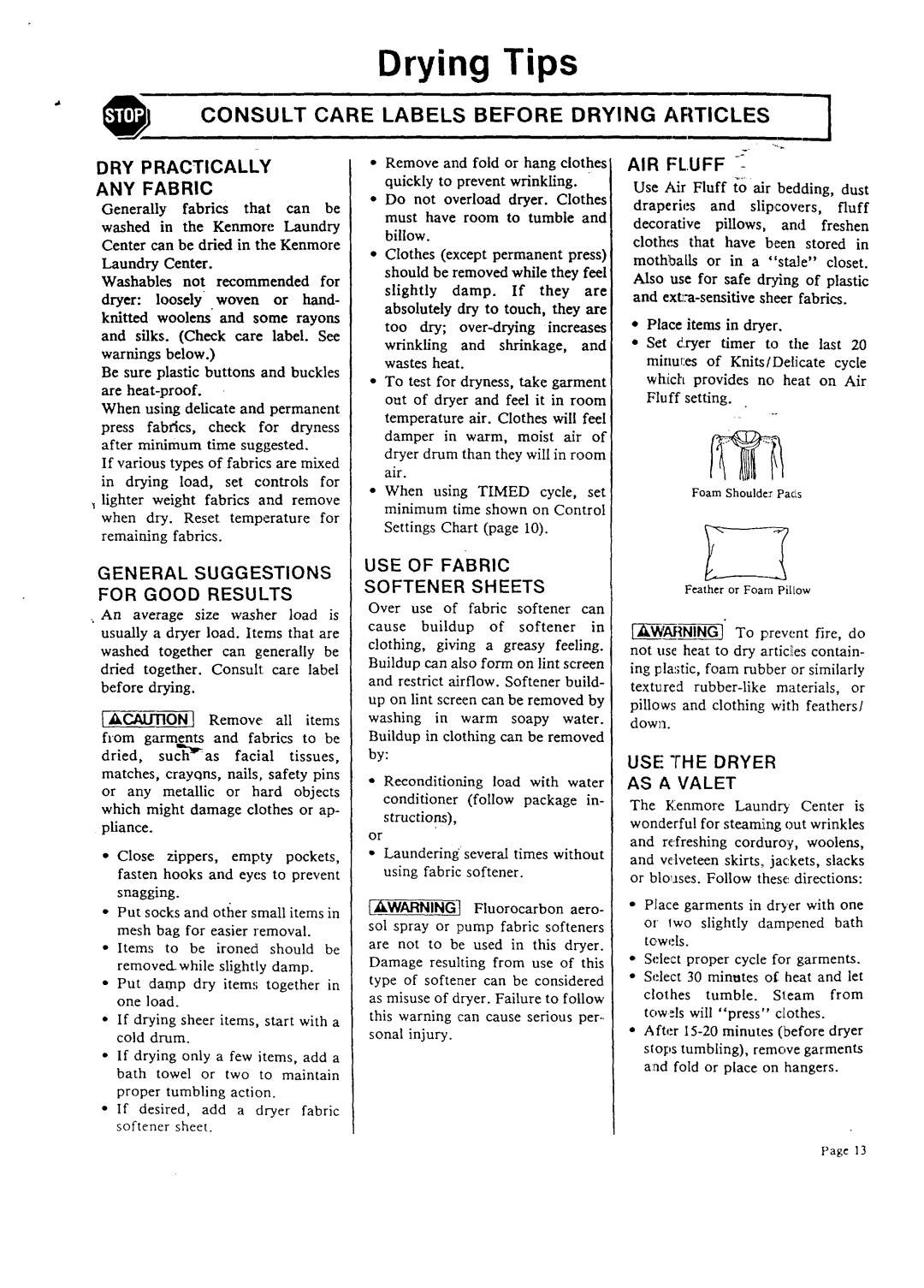 Sears 95701, 95761 warranty Drying Tips, Consult Care Labels Before Drying Afiticles 