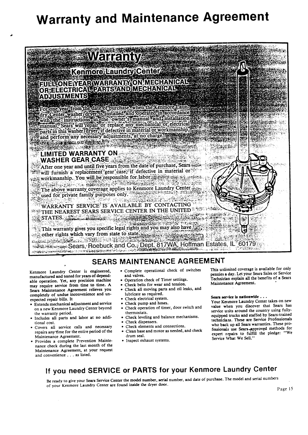 Sears 95701, 95761 warranty Warranty and Maintenance Agneement, Sears Maintenance Agreement 