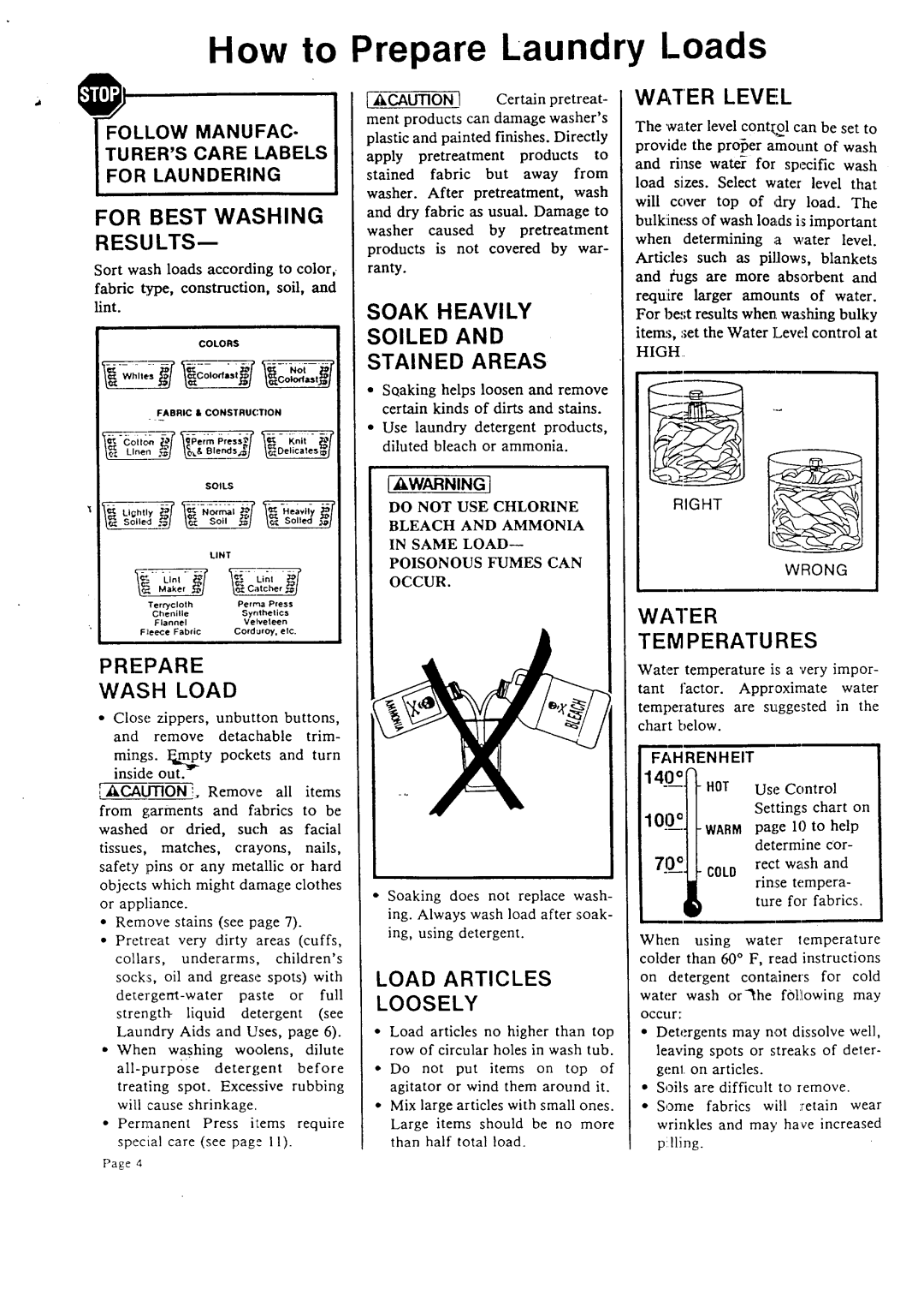 Sears 95761, 95701 warranty How to Prepare Laundry Loads 