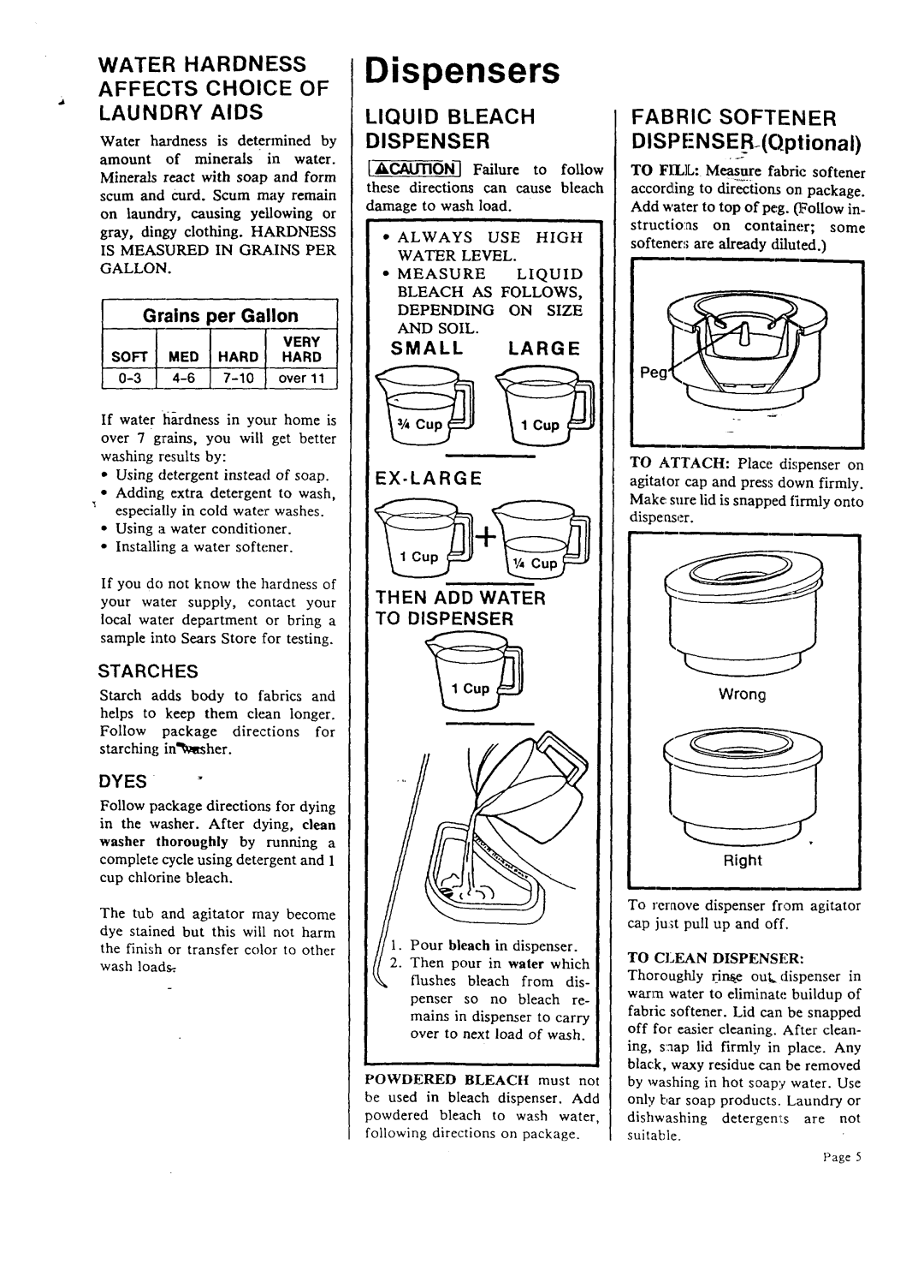 Sears 95701, 95761 Dispensers, Water Hardness Affects Choice of Laundry Aids, Liquid Bleach Dispenser, Fabric Softener 