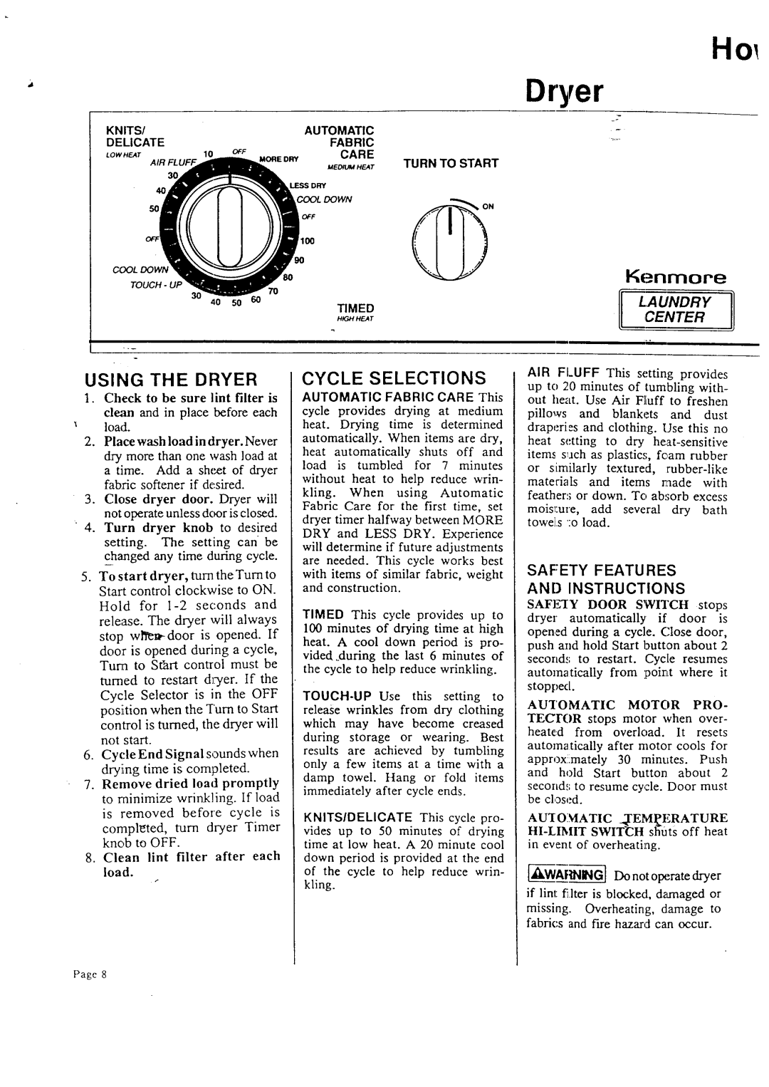 Sears 95761, 95701 warranty Using the Dryer, Cycle Selections, Safety Features AN Instructions 