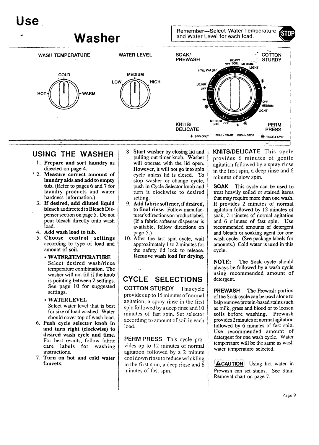 Sears 95701, 95761 warranty Use, Using the Washer, Cycle Selections 