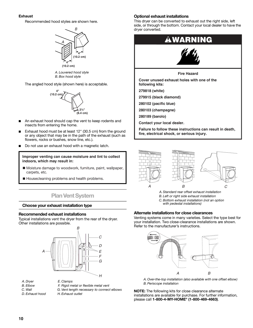 Sears 9709 manual Plan Vent System, Optional exhaust installations, Alternate installations for close clearances, Exhaust 