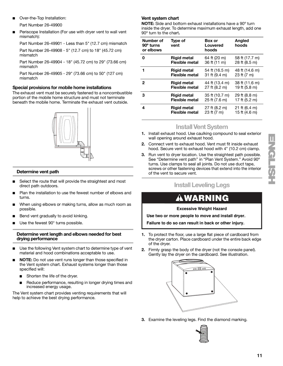 Sears 110.9708, 9709 manual Install Vent System, Install Leveling Legs, Special provisions for mobile home installations 