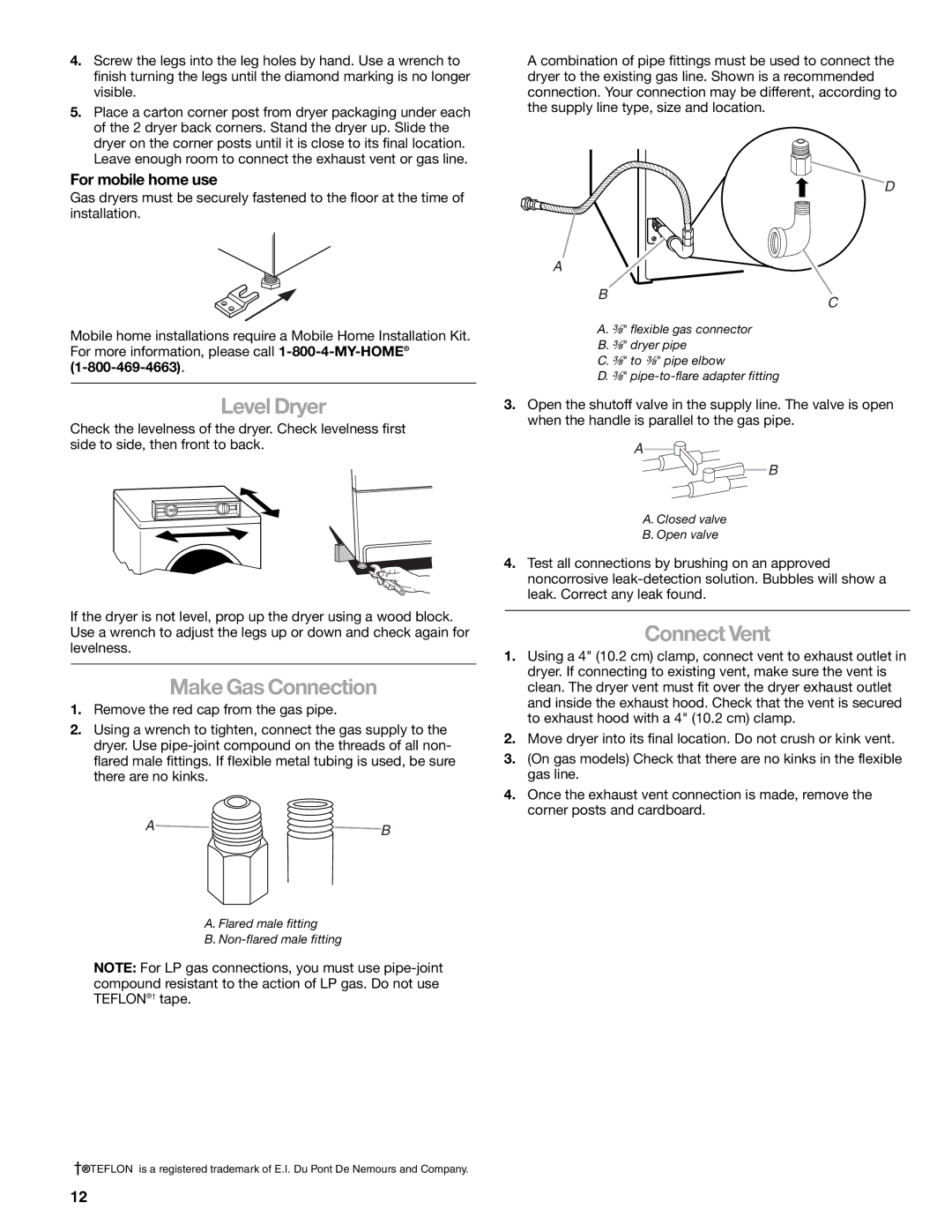 Sears 9709, 110.9708 manual Level Dryer, Make Gas Connection, Connect Vent, For mobile home use 