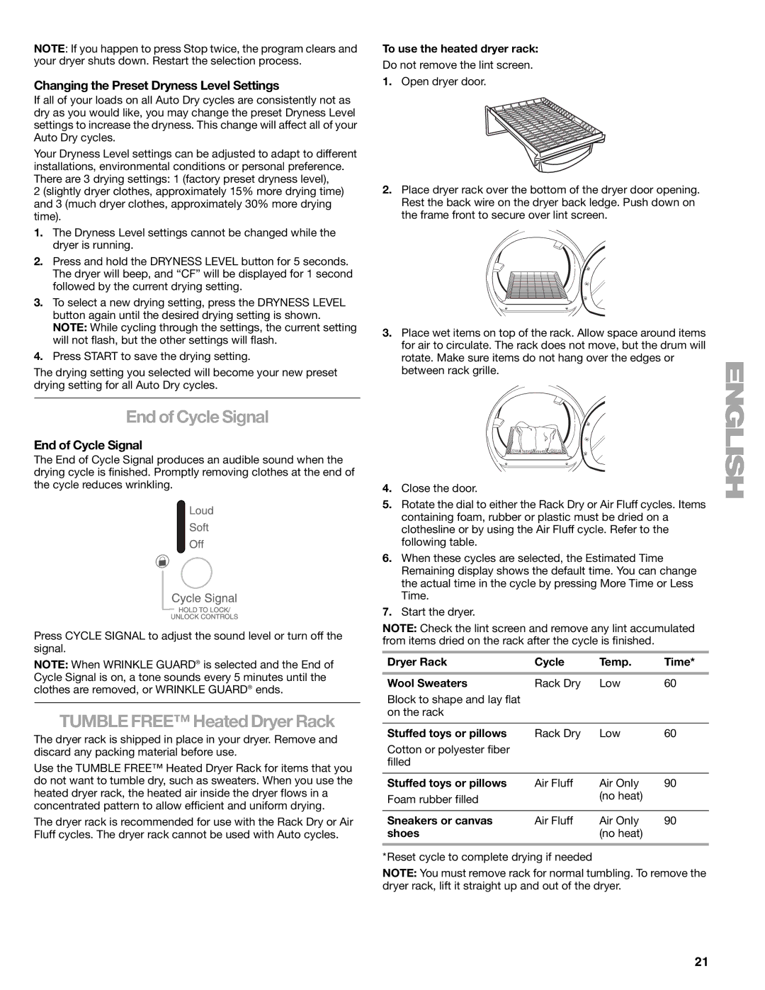 Sears 110.9708, 9709 manual End of Cycle Signal, Tumble Free Heated Dryer Rack, Changing the Preset Dryness Level Settings 