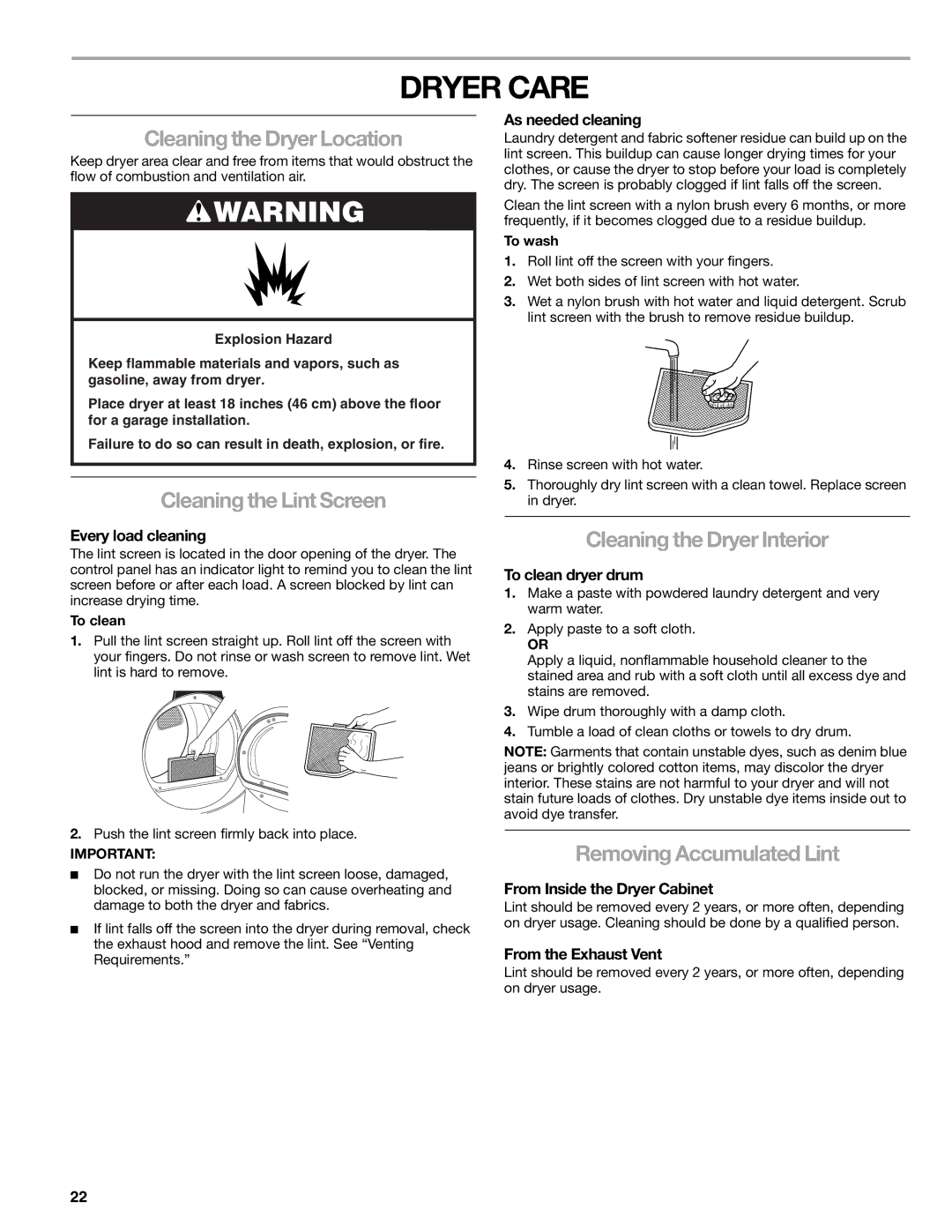 Sears 9709, 110.9708 manual Dryer Care, Cleaning the Dryer Location, Cleaning the Lint Screen, Cleaning the Dryer Interior 