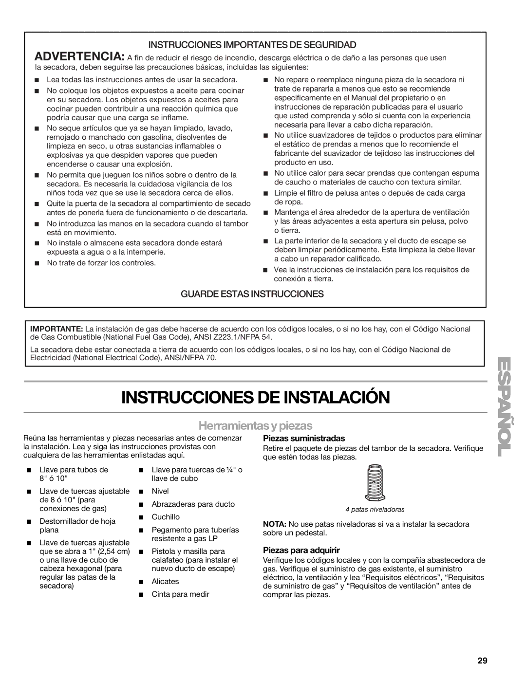 Sears 110.9708, 9709 manual Instrucciones DE Instalación, Herramientas y piezas, Piezas suministradas, Piezas para adquirir 