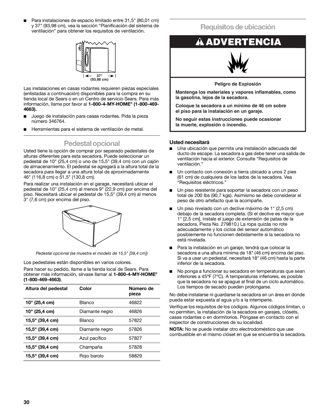 Sears 9709, 110.9708 manual Requisitos de ubicación, Pedestal opcional, Usted necesitará 