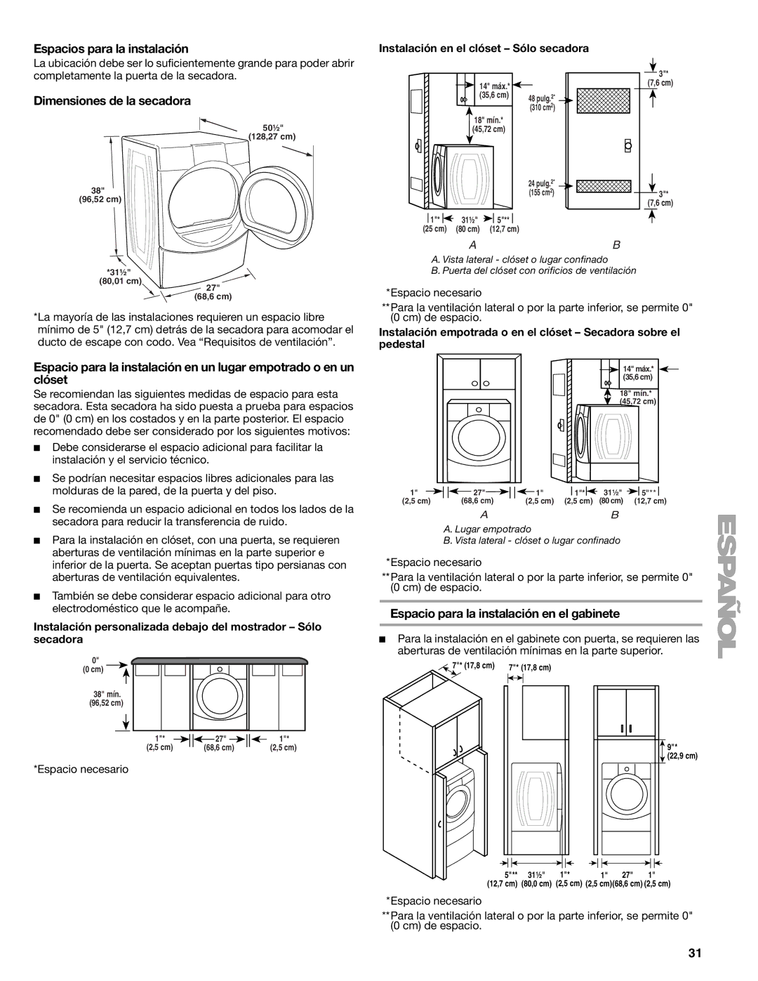 Sears 110.9708, 9709 Espacios para la instalación, Dimensiones de la secadora, Espacio para la instalación en el gabinete 