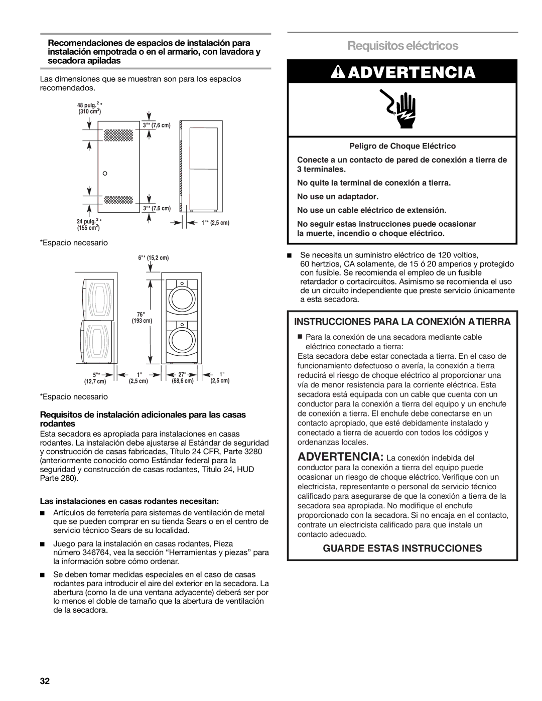 Sears 9709, 110.9708 manual Requisitos eléctricos, Las instalaciones en casas rodantes necesitan 