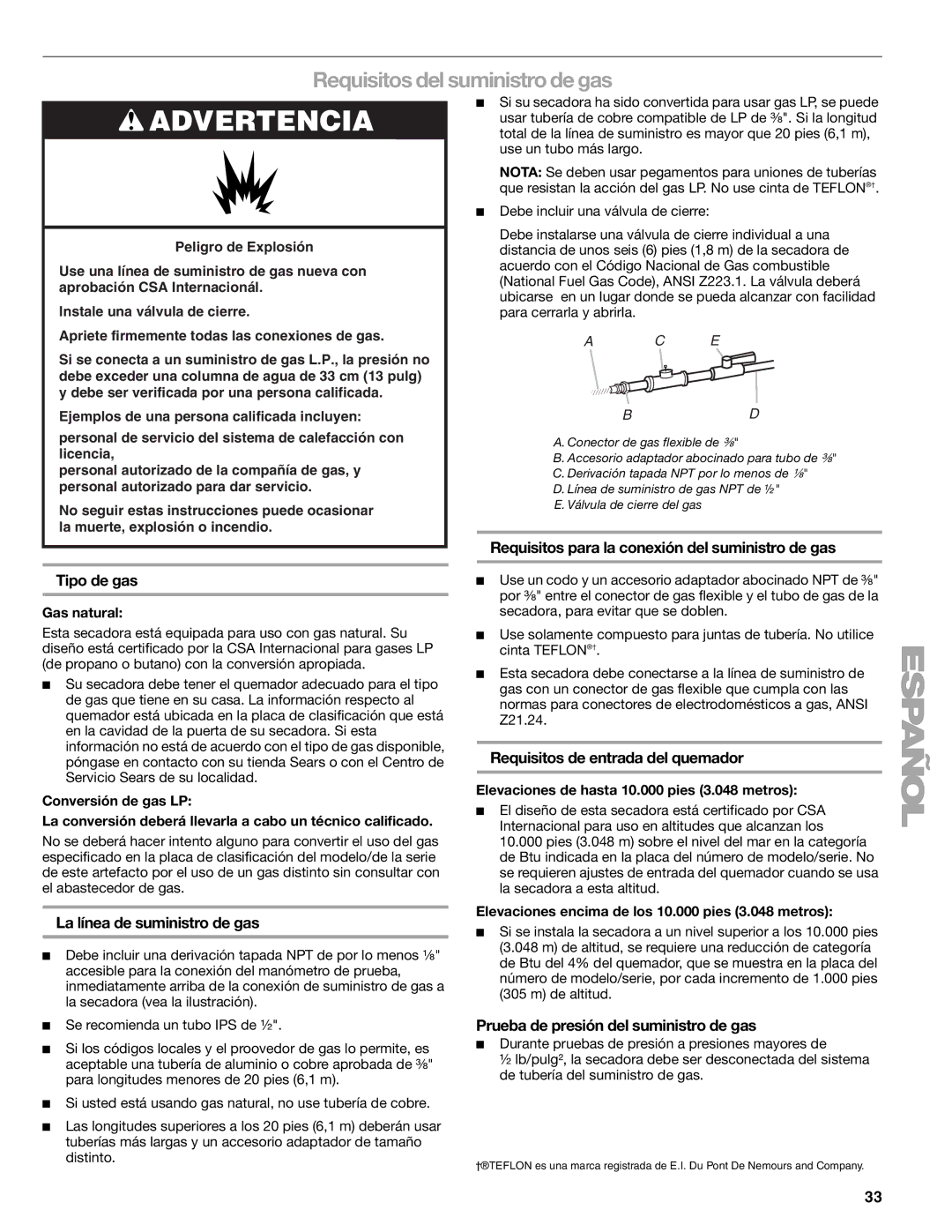 Sears 110.9708, 9709 manual Requisitos del suministro de gas 