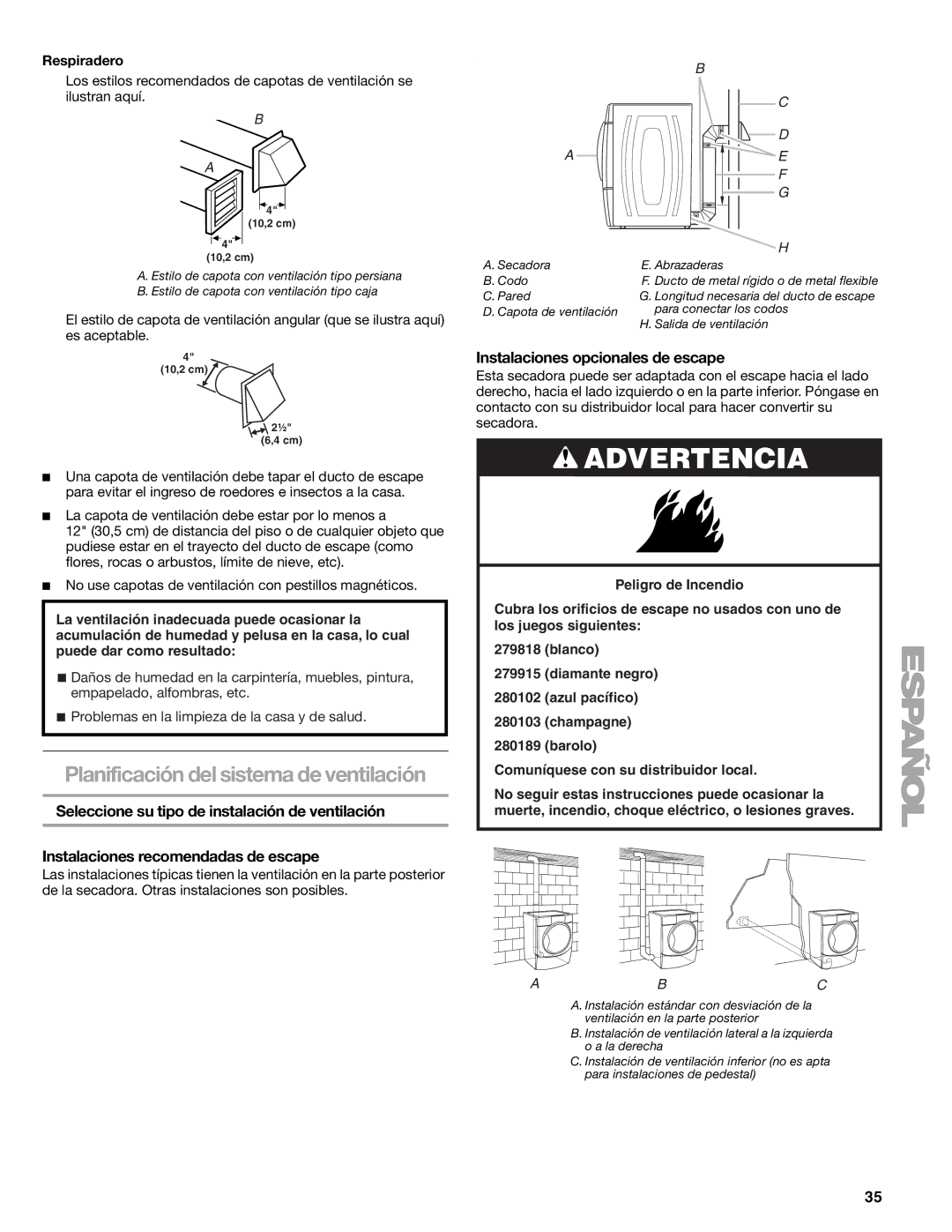 Sears 110.9708, 9709 manual Instalaciones opcionales de escape, Respiradero 