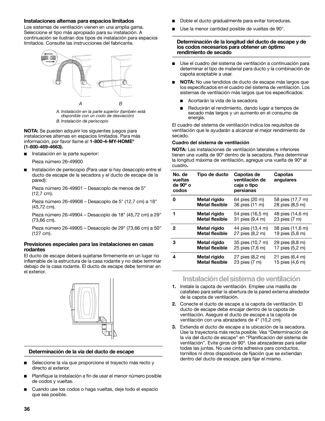 Sears 9709, 110.9708 manual Instalación del sistema de ventilación, Instalaciones alternas para espacios limitados 