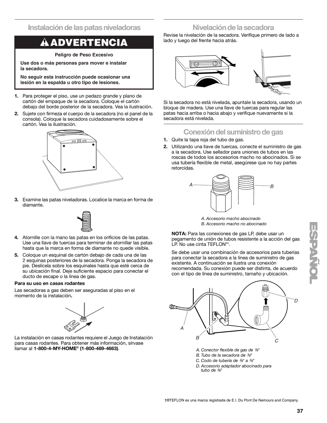 Sears 110.9708, 9709 manual Instalación de las patas niveladoras, Nivelación de la secadora, Conexión del suministro de gas 