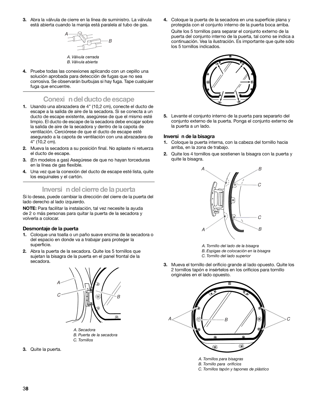 Sears 9709, 110.9708 manual Conexión del ducto de escape, Inversión del cierre de la puerta, Desmontaje de la puerta 