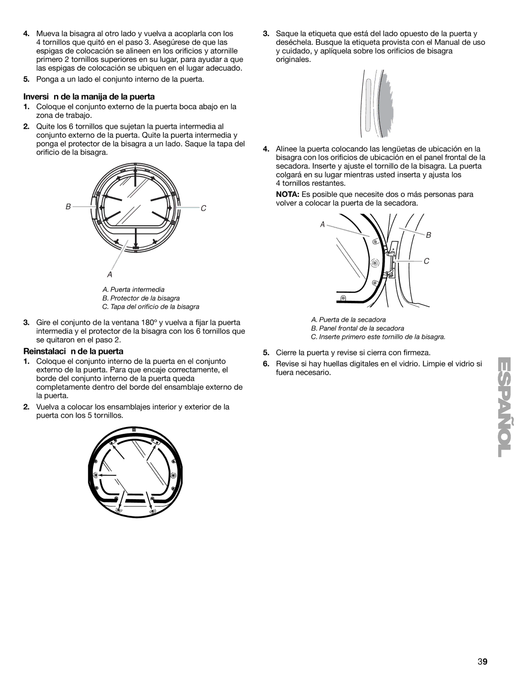 Sears 110.9708, 9709 manual Inversión de la manija de la puerta, Reinstalación de la puerta 