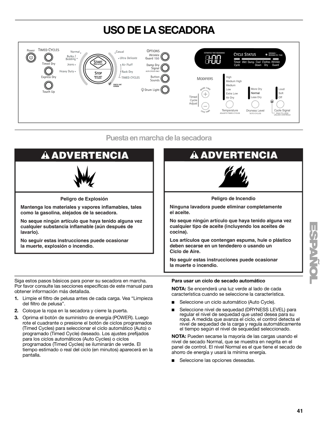 Sears 110.9708, 9709 manual USO DE LA Secadora, Puesta en marcha de la secadora, Para usar un ciclo de secado automático 