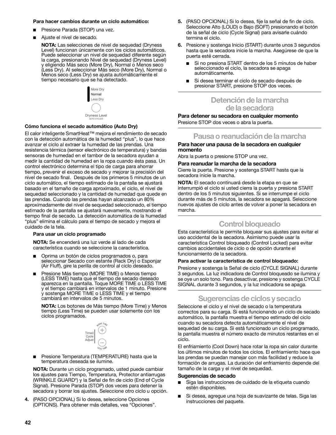 Sears 9709, 110.9708 manual Detención de la marcha De la secadora, Pausa o reanudación de la marcha, Control bloqueado 