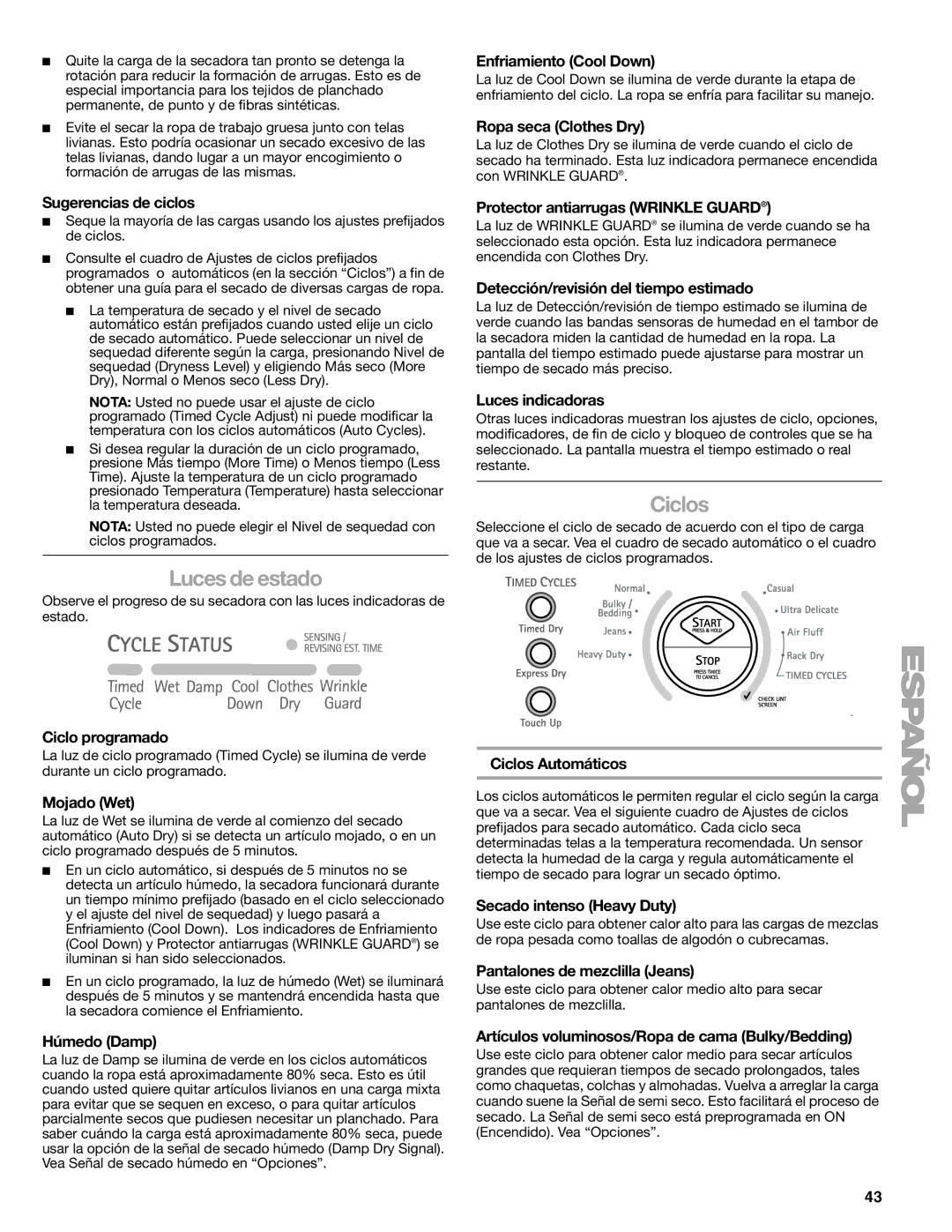 Sears 110.9708, 9709 manual Luces de estado, Ciclos 