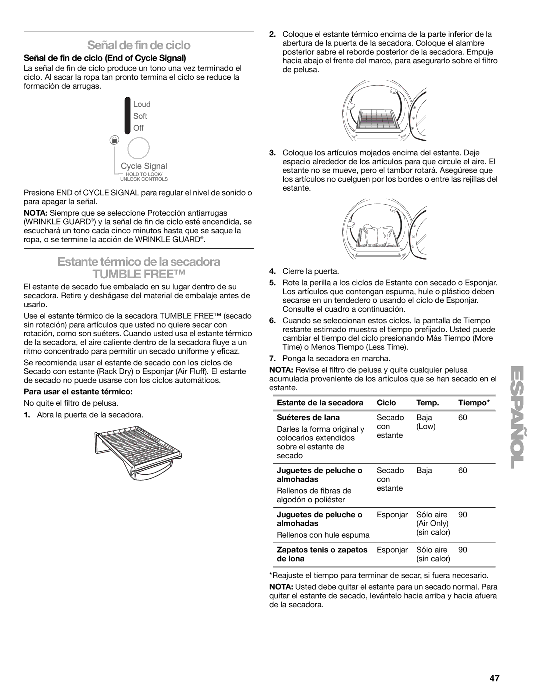 Sears 110.9708, 9709 manual Estante térmico de la secadora, Señal de fin de ciclo End of Cycle Signal 