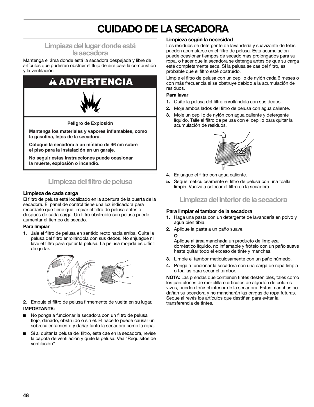 Sears 9709, 110.9708 manual Cuidado DE LA Secadora, Limpieza del lugar donde está La secadora, Limpieza del filtro de pelusa 