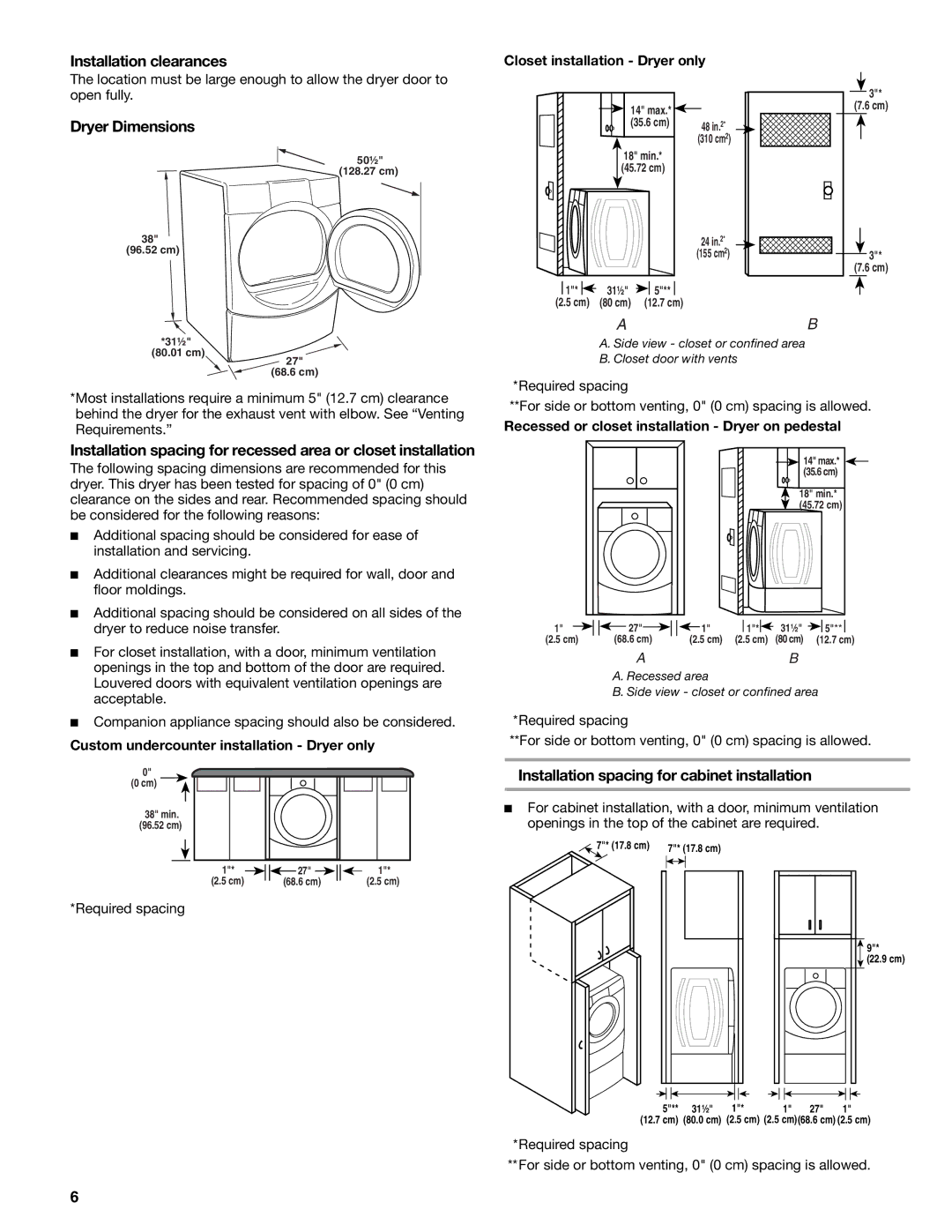 Sears 9709, 110.9708 manual Installation clearances, Dryer Dimensions, Installation spacing for cabinet installation 