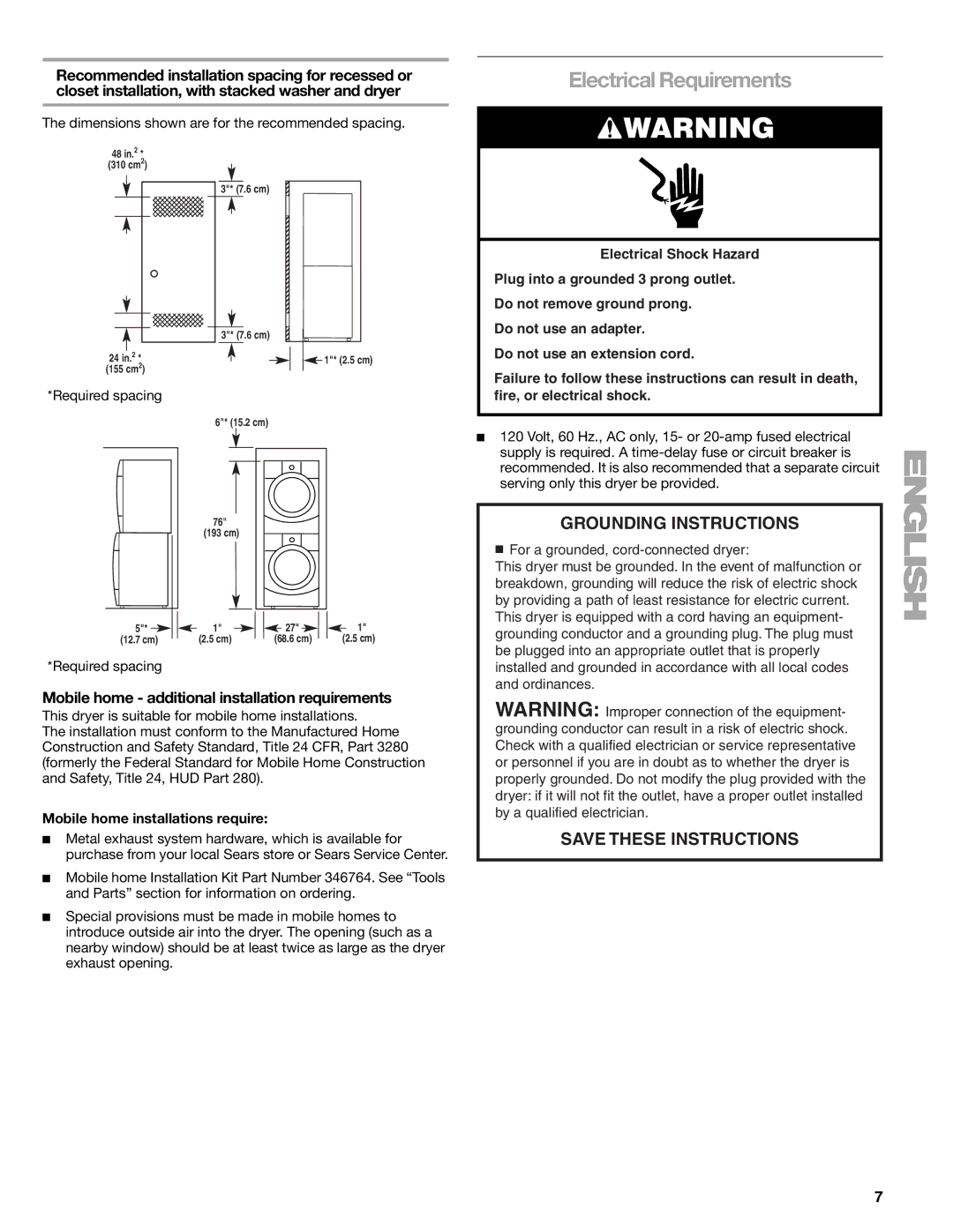 Sears 110.9708, 9709 manual Electrical Requirements, Mobile home additional installation requirements 