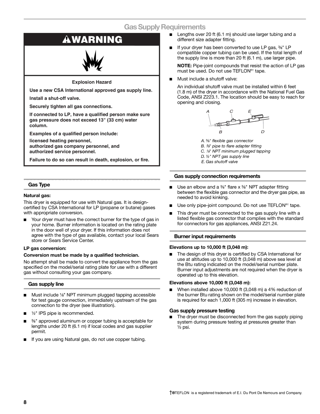 Sears 9709, 110.9708 manual Gas Supply Requirements 