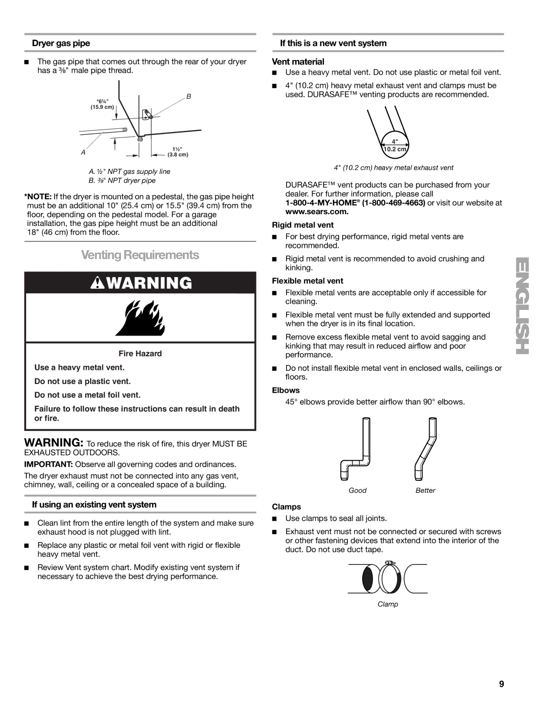 Sears 110.9708, 9709 manual Venting Requirements, Dryer gas pipe, If using an existing vent system 