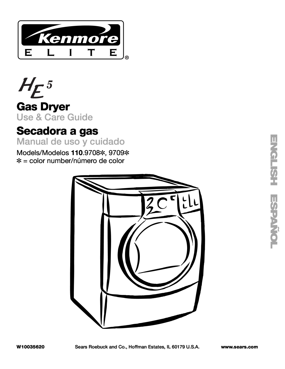 Sears 110.9708, 9709 manual Gas Dryer, Secadora a gas, Use & Care Guide, Manual de uso y cuidado, W10035620 
