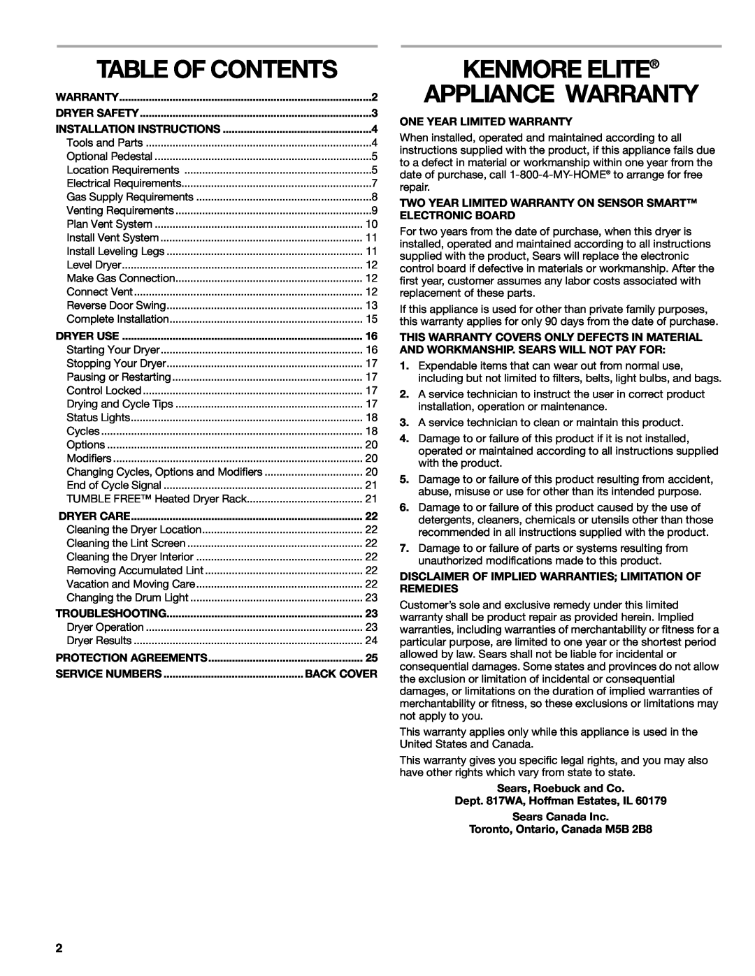 Sears 9709 Table Of Contents, Kenmore Elite Appliance Warranty, Service Numbers, Back Cover, One Year Limited Warranty 