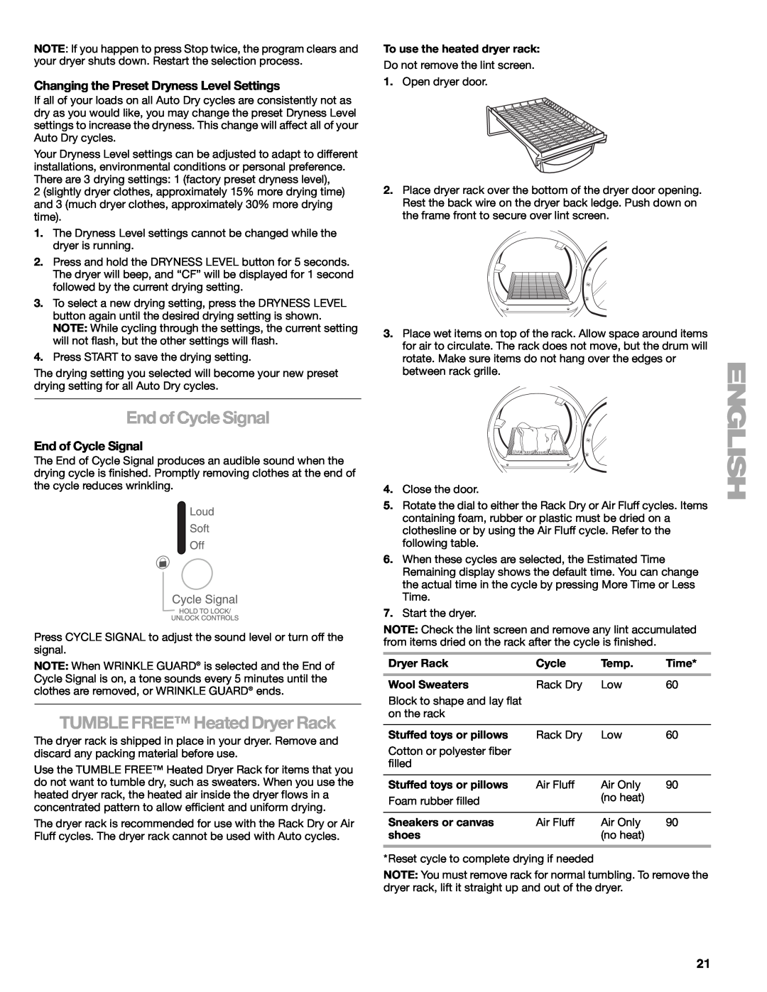 Sears 110.9708, 9709 manual End of Cycle Signal, TUMBLE FREE Heated Dryer Rack, Changing the Preset Dryness Level Settings 