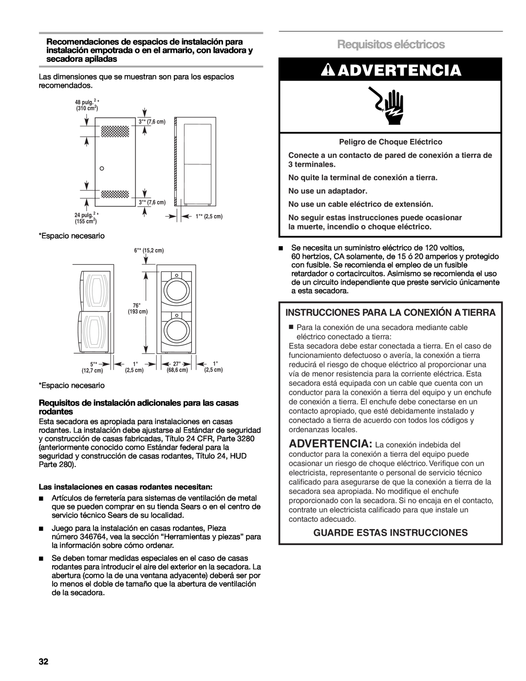 Sears 9709 manual Requisitos eléctricos, Advertencia, Instrucciones Para La Conexión A Tierra, Guarde Estas Instrucciones 