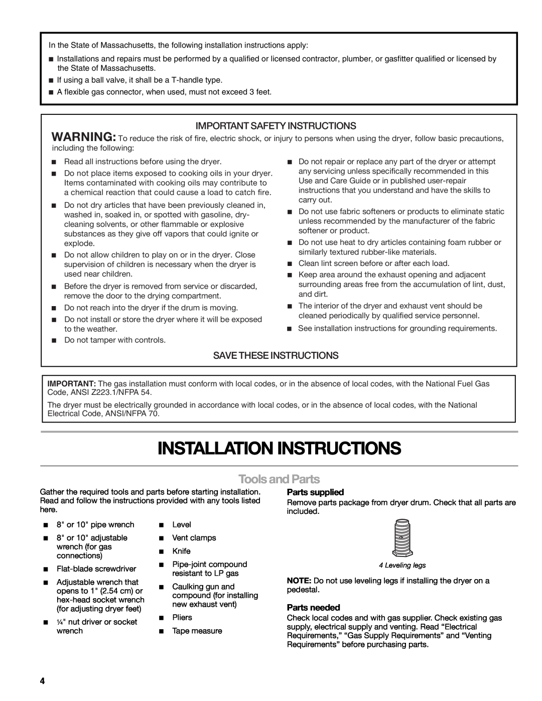 Sears 9709, 110.9708 Installation Instructions, Tools and Parts, Important Safety Instructions, Save These Instructions 