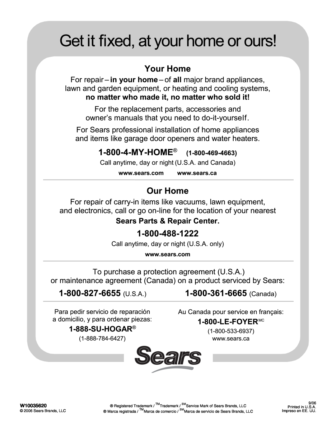 Sears 9709, 110.9708 manual W10035620, 9/06, Printed in U.S.A, Sears Brands, LLC, Impreso en EE. UU 