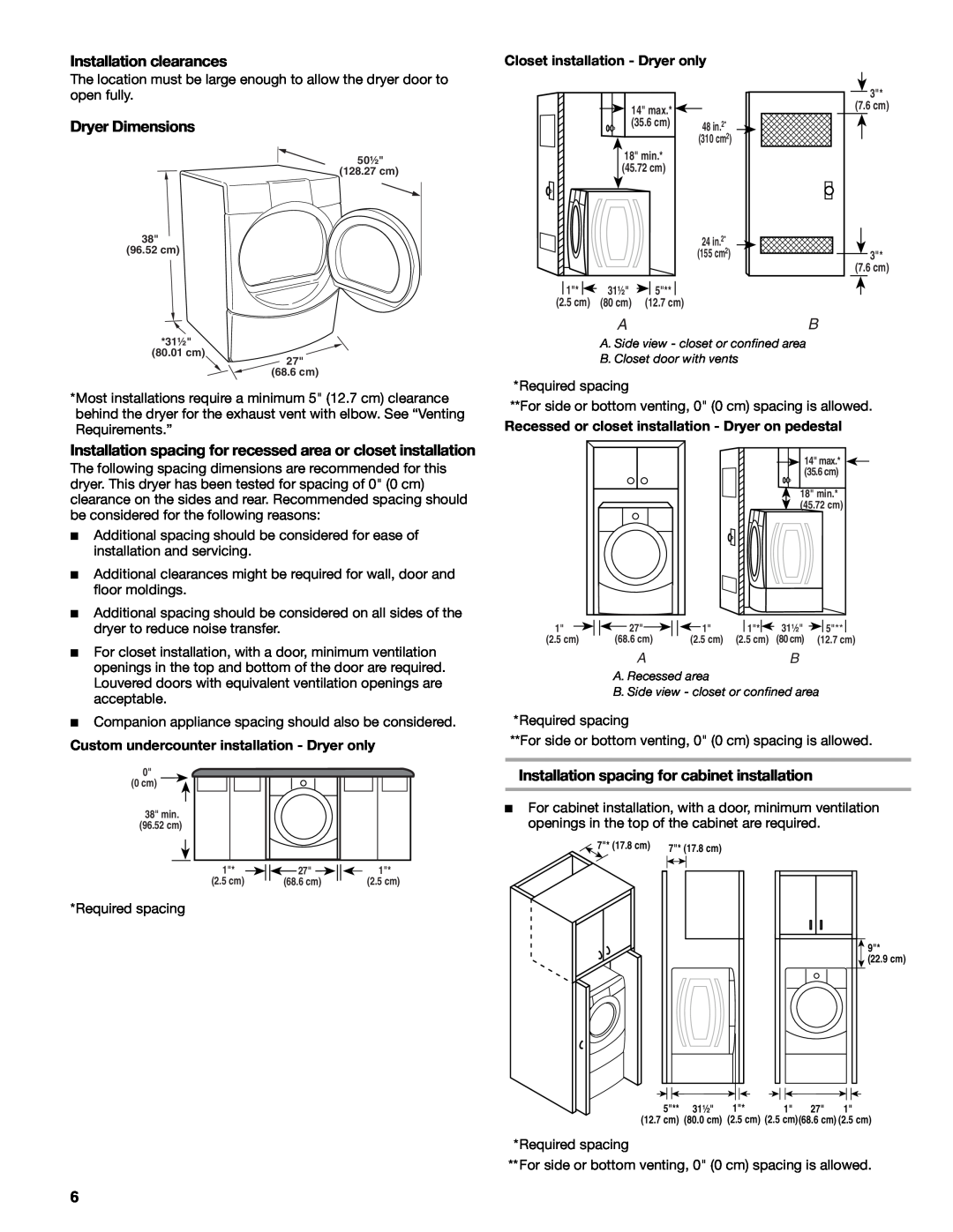 Sears 9709 manual Installation clearances, Dryer Dimensions, Installation spacing for recessed area or closet installation 