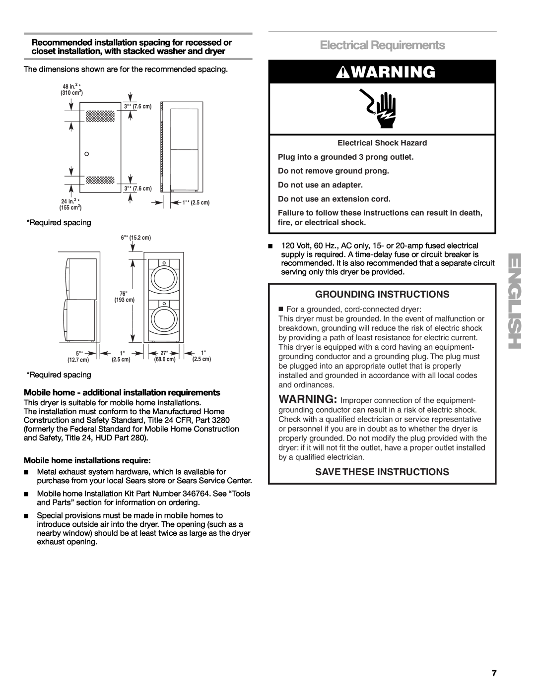 Sears 110.9708 Electrical Requirements, Grounding Instructions, Save These Instructions, Do not use an extension cord 