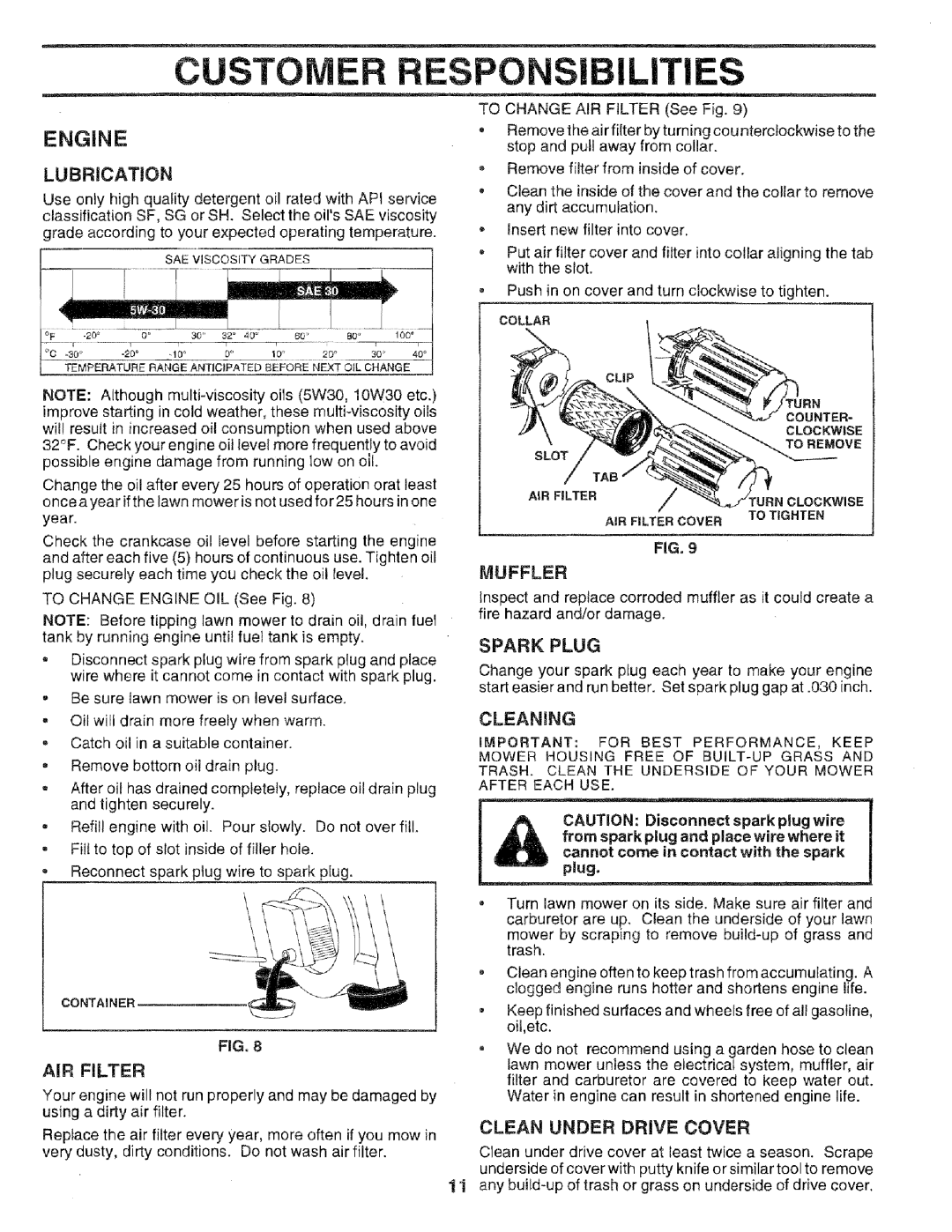 Sears 14.3, 975502, 917.377201 owner manual CU E Responsibilities, Engine, Lubrication, Cleaning 