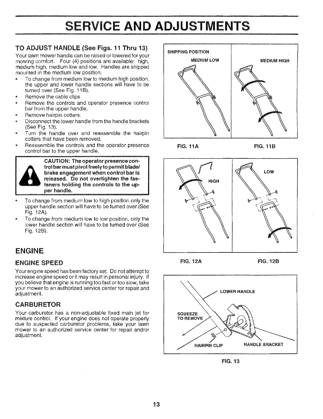 Sears 917.377201, 975502, 14.3 owner manual Service, Adjustm NTS, Engine Speed, Carburetor 