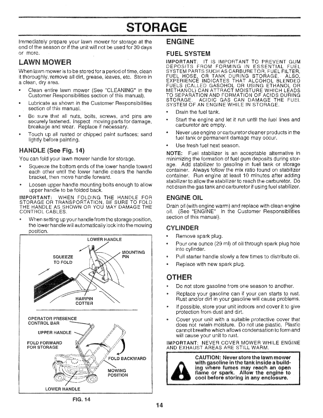 Sears 14.3, 975502, 917.377201 owner manual Storage, Other, Fuel System, Engine OIL, Cylinder 