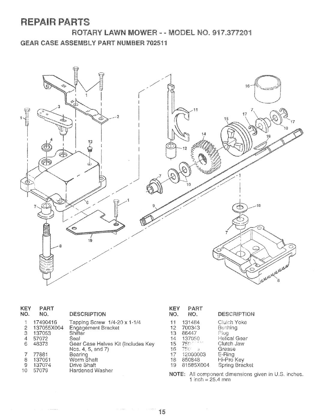 Sears 975502, 917.377201, 14.3 owner manual Repair Parts, KEY Part Description 