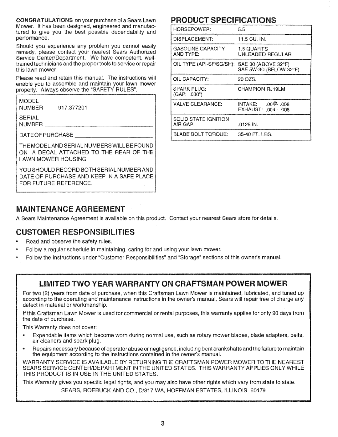 Sears 975502, 917.377201, 14.3 owner manual Product, Specifications, Maintenance Agreement, Customer Responsibilities 