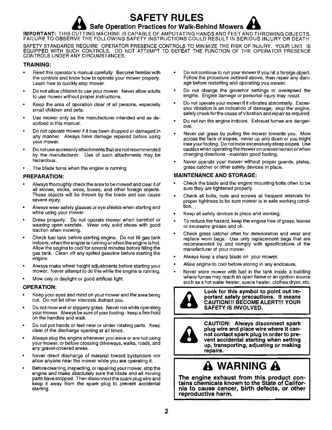 Sears 14.3, 975502 Safety Rules, Safe Operation Practices for Walk-BehindMowers, Training, Preparation, reproductive harm 